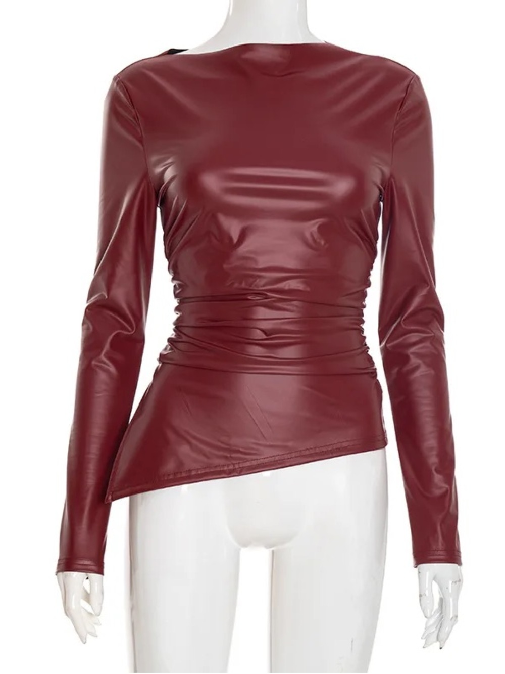 Fancy Dream Burgundy Faux Leather Ruched Long Sleeve Top - Size L
